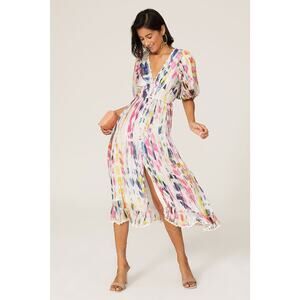 Hemant & Nandita Jorah Multicolor Tie Dye Print V-Neck Puff Sleeve Midi Dress XS
